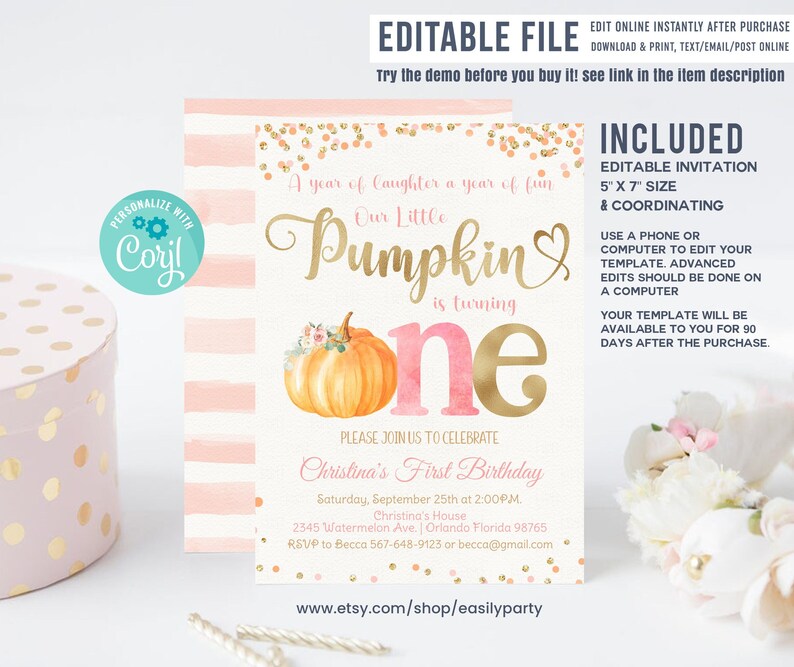 Editable Pumpkin First Birthday Invitation, Little pumpkin Invitations, Fall Autumn 1st Birthday Invites Instant Digital download Printable 