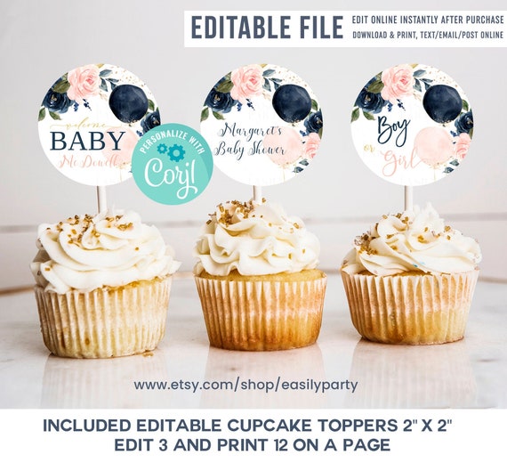 Editable Navy And Blush Floral Baby Shower Cupcake toppers, Balloons