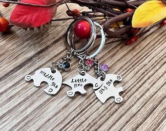 Customize Hand stamp heart puzzle keychain set, Personalized, Siblings, Necklace, Names, Best Friends, with Birthstone, family, bro