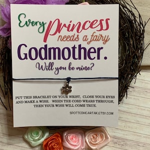 Pulseira de desejos com cartão "Você será minha madrinha? Toda princesa precisa de sua fada madrinha, você será minha?" Pulseira de desejos Pulseira com pingente