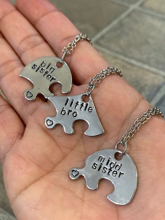 spottedheartak Set of 3, Set of 4, Customize Hand Stamp Puzzle Keychain Set, Personalized, Siblings, Necklace, Names, BFF, Best Friends, Family, Bro, Names