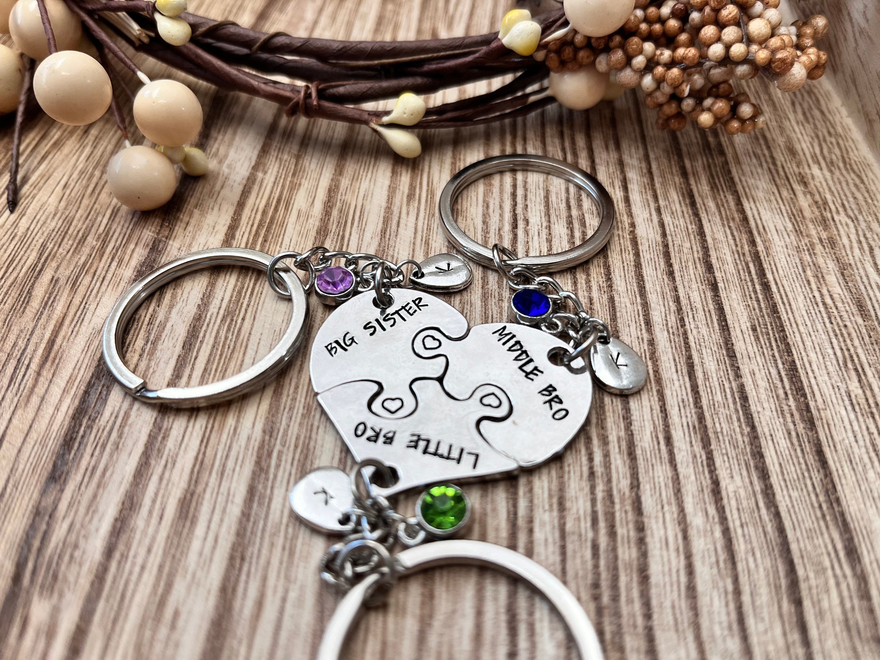 spottedheartak Set of 3, Set of 4, Customize Hand Stamp Puzzle Keychain Set, Personalized, Siblings, Necklace, Names, BFF, Best Friends, Family, Bro, Names