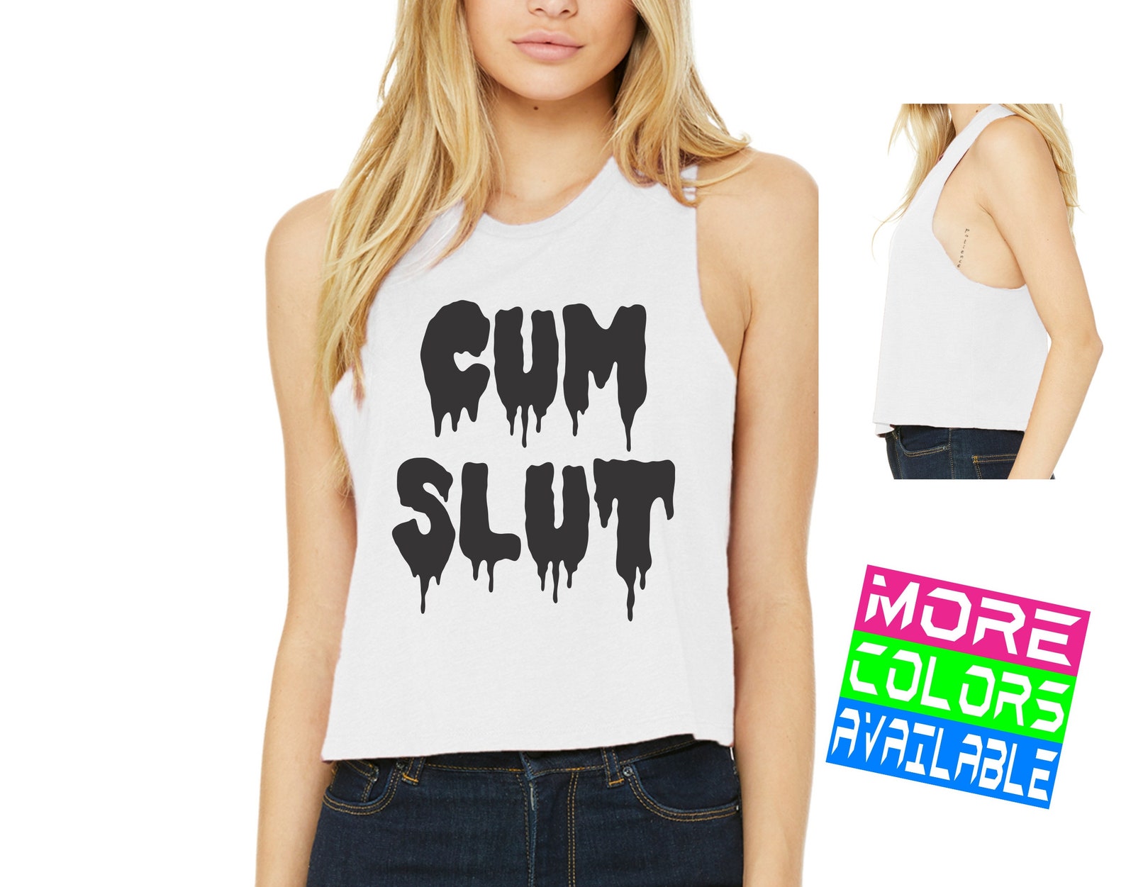 CUM SLUT Crop Tank Top Shirt Womens Sexy Hot Side Boob Tee image 0.