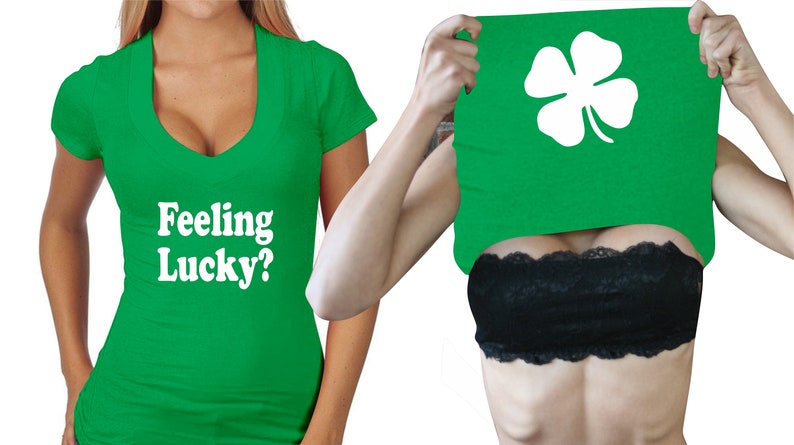 FEELING LUCKY T Shirt Flip Up V Neck Kelly Green Black Sexy image 1