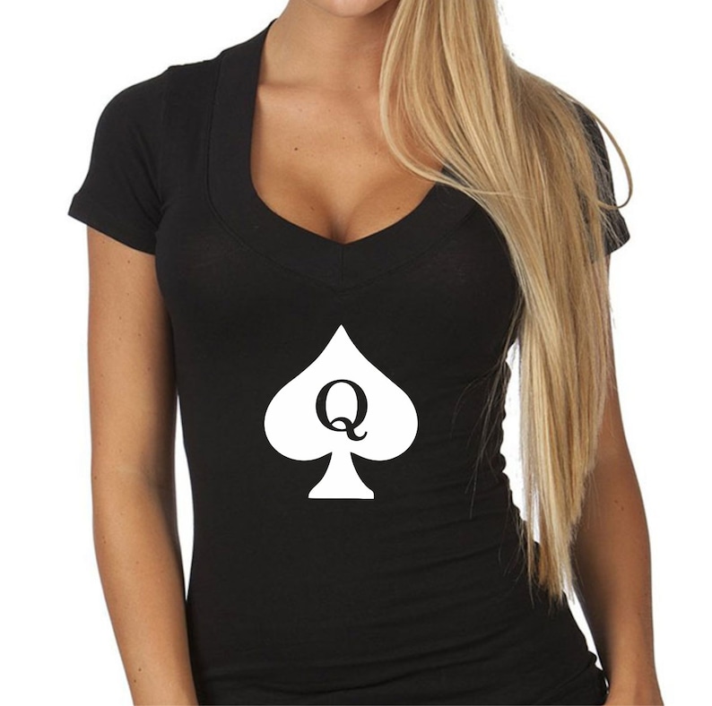 QUEEN OF SPADES V Neck T Shirt Tee Womens Jrs Sexy Cleavage image 3.