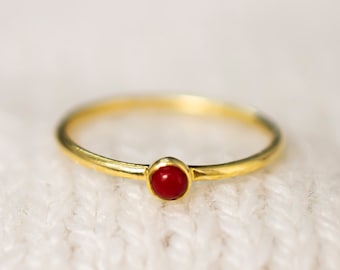 Dainty Coral Stacking Ring for Her June Birthstone Ring for Mom in Gold Coral Gemstone Ring Gold Stacking Ring with Coral Stone Promise Ring
