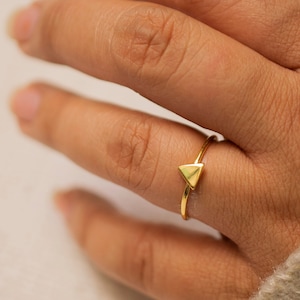 May include: A gold ring with a small triangle-shaped accent. The ring is worn on the finger of a person's hand.
