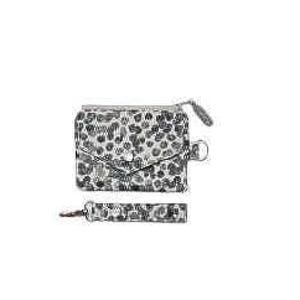 Cartera tipo cartera con cremallera y bolsillo a presión, porta credencial y correa para llavero a presión. Tela de lunares grises. ¡Un regalo ideal!