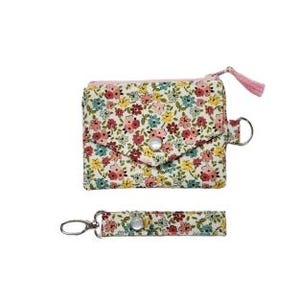 Snap pocket zipper pouch wallet with ID badge holder & snap on key fob strap. Multi color mini floral fabric.  Makes a great gift!