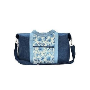 Stylish blue fabric travel bag, carry on, overnight, weekender, duffle duffel, with interior pocket and snap sides