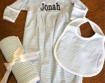 Monogrammed Blue Stripe Gown - Monogrammed Newborn Gown - Monogrammed Preemie Gown - Coming Home Outfit - Monogrammed Gown -Baby Shower Gift