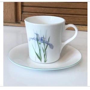 May include: White ceramic teacup and saucer set. The teacup features a blue iris flower design with green stems and leaves. The saucer has a matching light blue trim. The set is on a white surface.