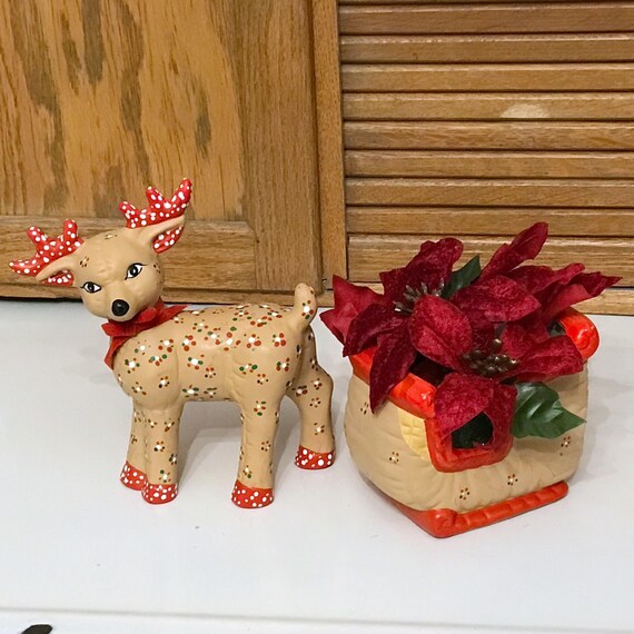 Vintage Kimple Ceramic Reindeer and Santa's Sleigh Set - Hand