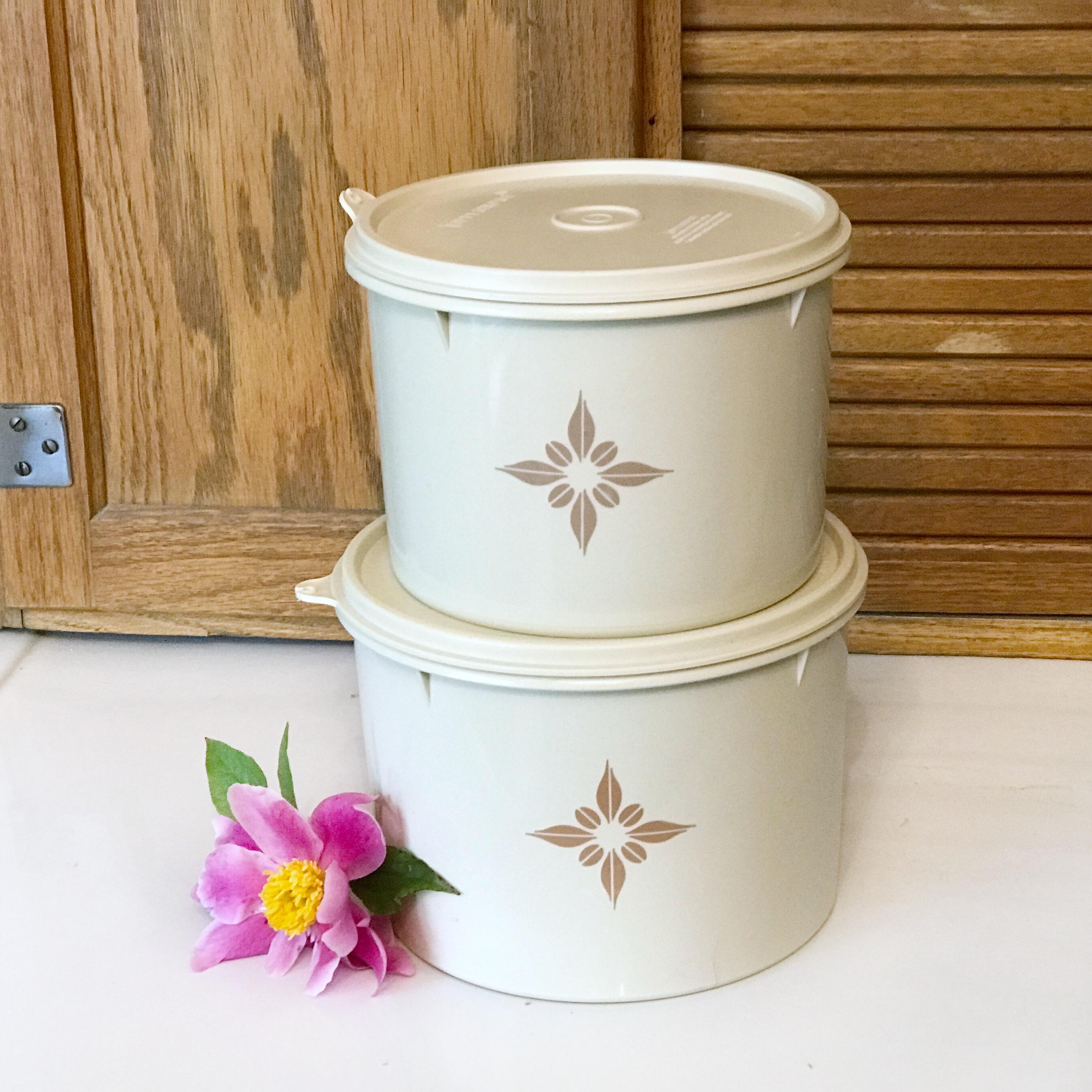 Vintage Tupperware Canisters -set of 2 - Almond - Flower Pattern