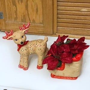 Kimple Mold Ceramic Reindeer and Santa&#39;s Sleigh - Medium/Small Size - Set of 2 - Vintage Christmas Holiday Decor