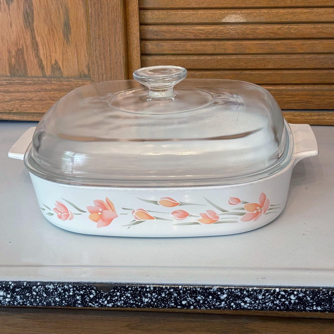 Vintage Corningware Peach Floral Casserole Dish: 2.5 Qt Square Baker ...