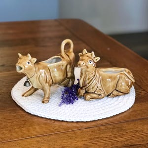 Vintage Ceramic Cow Creamer and Sugar Bowl Set - With Bell - Farmhouse - Cow Collector