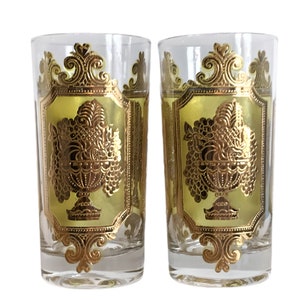 Vintage  Culver Fruit Basket/ Cornucopia Gold Glasses- Signed Set of 2 -  22 K Green Gold Glasses - Highball  - Cocktail