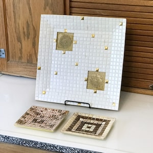 Georges Briard Mosaic Tile Tray Set: Mid-Century Platter & Brown Tile Trays
