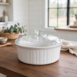 May include: A round white ceramic casserole dish with vertical ribbed detailing along the exterior sides. The dish is topped with a clear glass lid featuring a central knob handle and a subtle radial pattern etched into the glass surface.