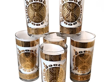 Vintage Vito Bari 22 Kt Gold Crest Highball Glasses - Midcentury Barware, Set of 6