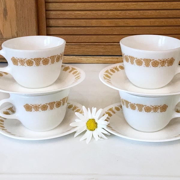 Corelle Butterfly Gold Cup and Saucer Set for 4 - 8 Pieces - Excellent Condition