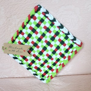 Handwoven Potholder in Red, Pine, Lime, and White