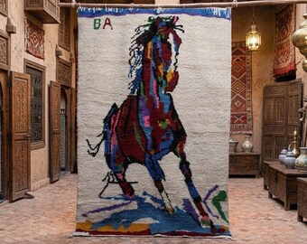 Handmade Moroccan Horse Rug 7.7x5 ft, Colorful Abstract Animal Beni Ourain Carpet, Hand-Woven Berber Wool Rug, Artistic Custom Area Rug