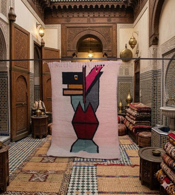 Marokkanischer Teppich Beni Ourain - Handgefertigter Berber Teppich 250x150 - Buntes Abstraktes Design - Moderner Minimalistischer Eklektischer Boho Teppich