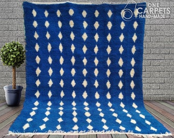 Custom Handmade Moroccan Berber Rug Royal Blue White Diamond 100% Natural Sheep Wool Hand Knotted Beni Ourain Style Area Rug Boho Home Decor