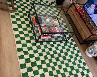 Custom Handmade Moroccan Rug - Green and White Checkerboard Beni Ourain Carpet - Modern Checkered Berber Wool Rug - Unique Home Office Decor