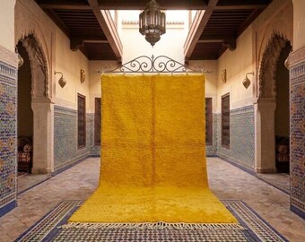 Custom Mustard Yellow Beni Ourain Rug - Handmade Moroccan Wool Carpet - Minimalist Shaggy Berber Rug for Modern Living Room & Boho Decor