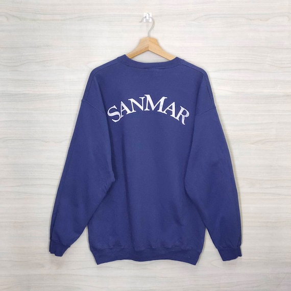 Sanmar Crewneck Large Vintage Sanmar Sweatshirt Jumper Pullover Navy Blue Size L