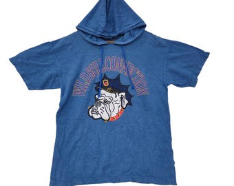 Sudadera con capucha Vintage Sweat Club – Camiseta con gráfico de bulldog de Wild Bull Connection – Camiseta azul de manga corta con capucha – Ropa urbana japonesa de los 90 (talla M)