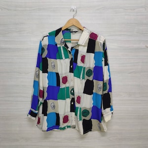 FLORRIE BELL Blouse Rainbow Grid Geometric Colorful Vintage 80s 90s Blouse Multicolor  Long Sleeve  Size 13R