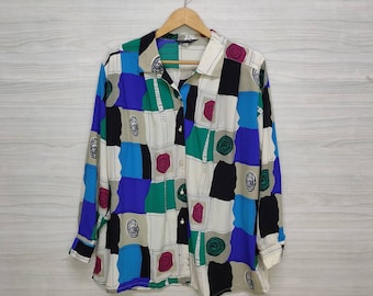 FLORRIE BELL Blouse Rainbow Grid Geometric Colorful Vintage 80s 90s Blouse Multicolor  Long Sleeve  Size 13R