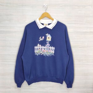 Vintage 80s 90s Morning Sun Sweatshirt Jumper Animal Print Morning Sun Collared Sweatshirt Pullover Navy Blue Size XL