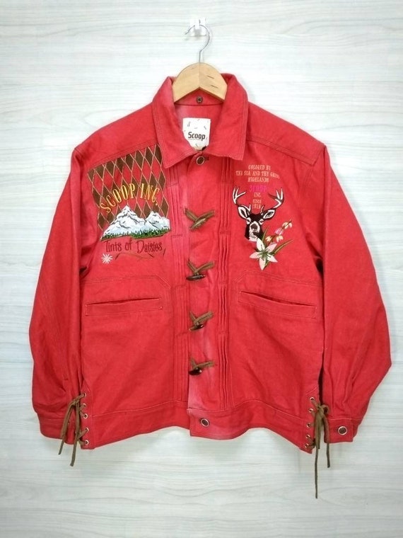Denim Jacket Pop Art and Embroidery Vintage 90s Red Denim