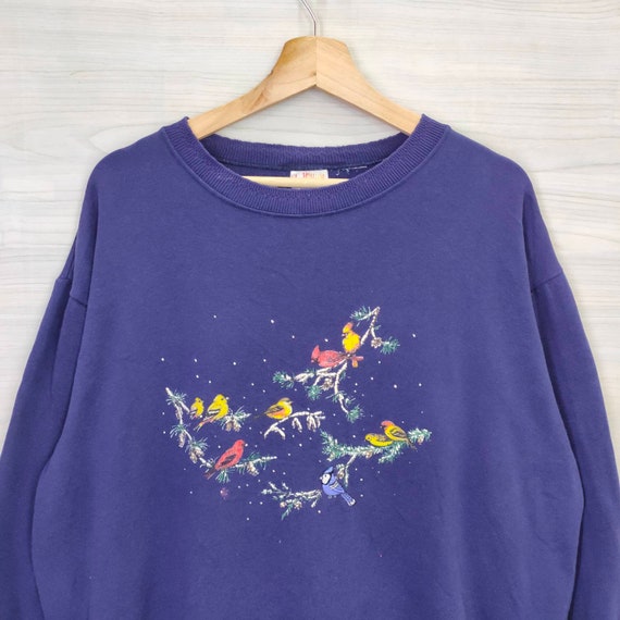 Puffy Bird Sweater Vintage Floral Bird Crewneck C… - image 2