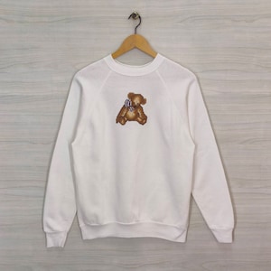 Bluza z haftem w stylu lat 80. i 90. z misiem Teddy Bear Raglan, rozmiar średni, vintage, sweter z tultexu, sweter z okrągłym dekoltem, biały, rozmiar M