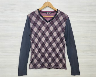 Chemise à carreaux à col en V MICHEL KLEIN Tee Chemise à manches longues à carreaux noir et rose ample vintage Michel Klein Homme Paris Sweat-shirt Ringer 46