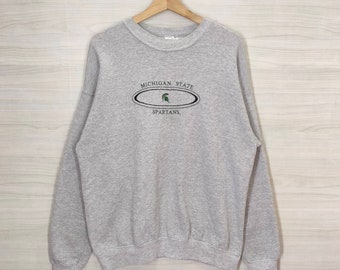 Michigan State Sweatshirt Vintage Michigan State Spartans Crewneck Jumper Pullover Michigan State University Embroidery Gray Size Large