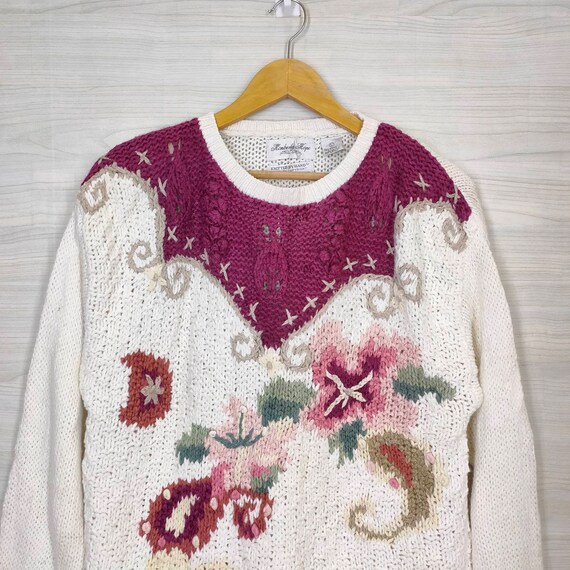 Embroidered Floral Sweater 90s Maroon Knit Sweate… - image 3