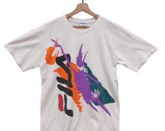 Camiseta blanca Fila de los años 90, talla mediana, vintage, multicolor, de manga corta, fabricada en EE. UU., talla M