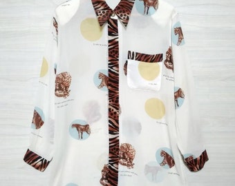 Reir Button Down, Leapord Shirt, Animal Graphic Blouse, women's medium