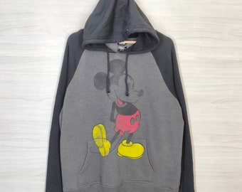 MICKEY MOUSE Hoodie Vintage Mickey Mouse Sweatshirt Sweater Disney Cartoon Network Black Gray Raglan Mens Size Large