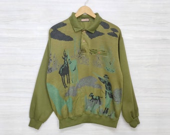 Vtg 90s Animal Graphic Knit Sweater Medium Vintage OUMO Sweatshirt Jumper Pullover Knitwear Nature Wildlife Hunter Green Mens Size M