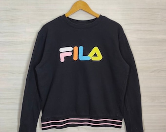 Vtg Fila Crewneck Sweatshirt Grote Vintage Fila Veelkleurige Trui Jumper Pullover Zwarte Dames Maat L
