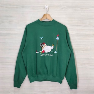 Embroidery Snowman Crewneck Vintage Winter Holiday Sweatshirt Jumper Pullover Green Size