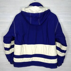 May include: A blue and white hooded jacket with a striped pattern. The jacket has a zip fastening and a drawstring hood.
